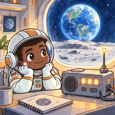 Atlas listens to a receiver at his moon-station window with Earth in the sky.