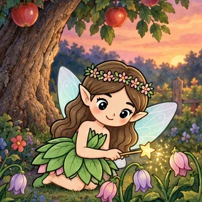 Luna, a brown-haired fairy in a leaf dress, tends flowers beneath an apple tree.