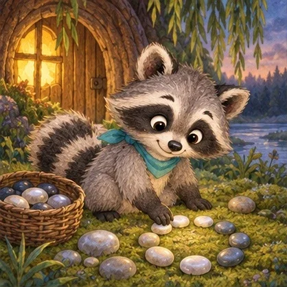 Moss arranges shiny pebbles beside his willow-tree home.