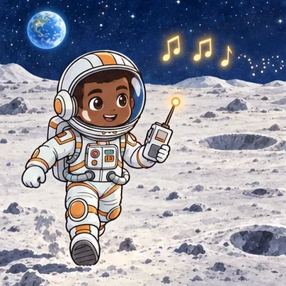 Atlas walks across a silvery moon plain, following his handheld receiver.