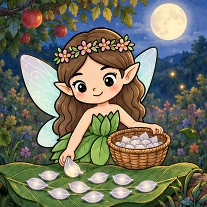 Luna sorts silver petals on a broad leaf for a garden celebration.