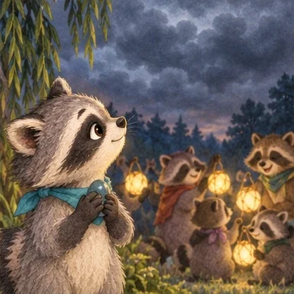 Moss watches raccoons prepare their parade beneath a cloudy sky.