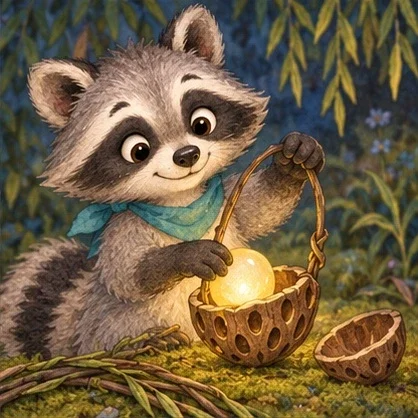 Moss places a glowing pebble inside a little seedpod lantern.