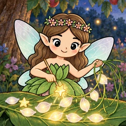 Luna touches a petal with her star wand beside glowing grass garlands.
