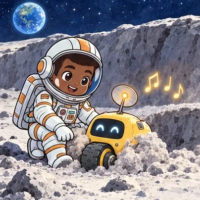 Atlas finds a small yellow rover with a wheel nestled in moon dust.