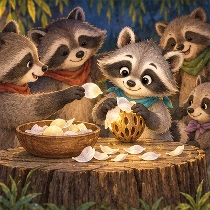 Raccoon friends offer pale petals for Moss's pocket moon.
