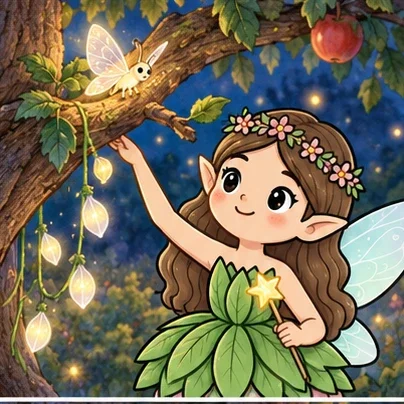 A little moth leads Luna to a low apple-tree branch.