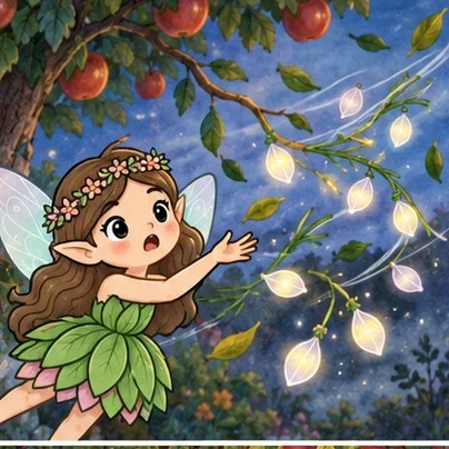 A gust scatters Luna's glowing petals and grass garlands through the garden.