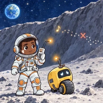Atlas and the rover pause below a tall ridge that blocks its signal.