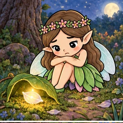 Luna discovers a fallen petal glowing safely beneath a curled leaf.