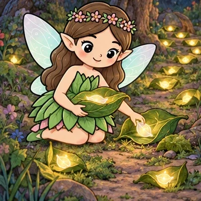 Luna places leaf lanterns along a mossy path between tree roots.