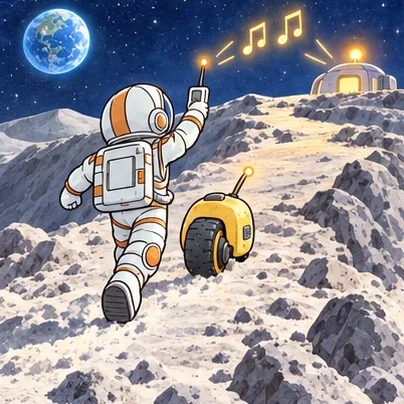 Atlas and the yellow rover reach the ridge and relay a signal toward home.