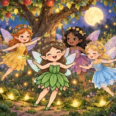 Fairy guests follow Luna's little lights toward the apple tree.