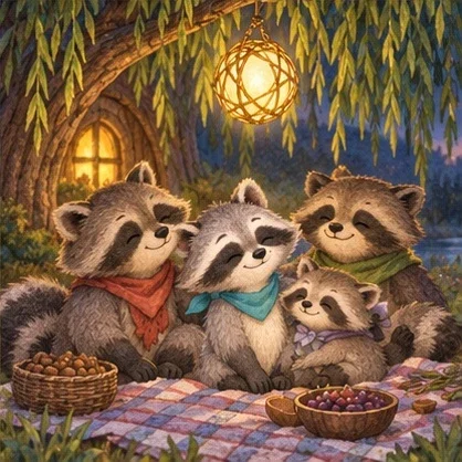 Moss and his friends picnic beneath his finished pocket moon.
