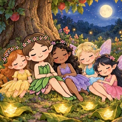 Luna and her friends sit together in a garden lit by sheltered leaf lanterns.