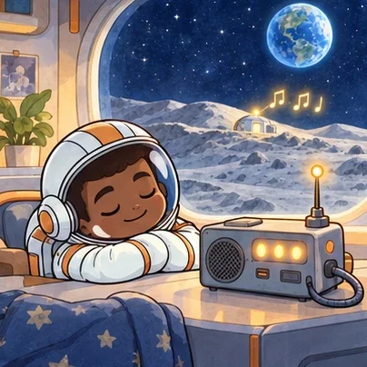 Atlas listens to his new friend's goodnight signal beside his moon-station window.