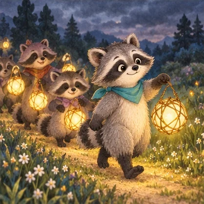 Moss and his raccoon friends carry glowing lanterns through a woodland meadow.